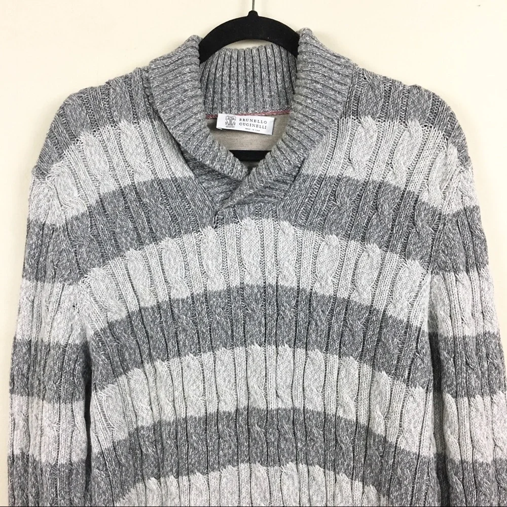 Brunello Cucinelli Men’s Gray‎ Striped Cable Knit Pullover Sweater